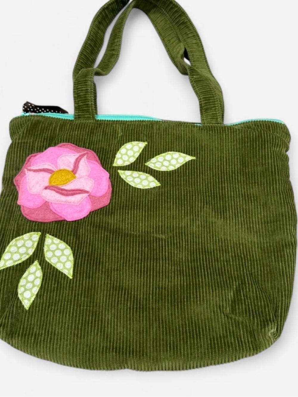 PrettyLittleThing Olive Green Corduroy Tote with Pink Floral Appliqué
